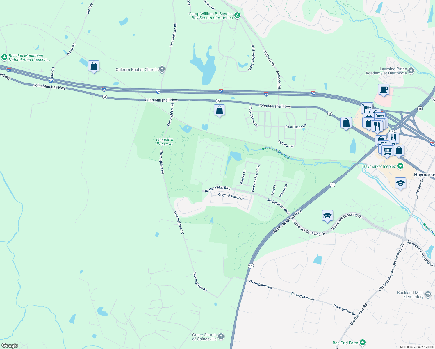 map of restaurants, bars, coffee shops, grocery stores, and more near 16063 Green Bay Street in Haymarket