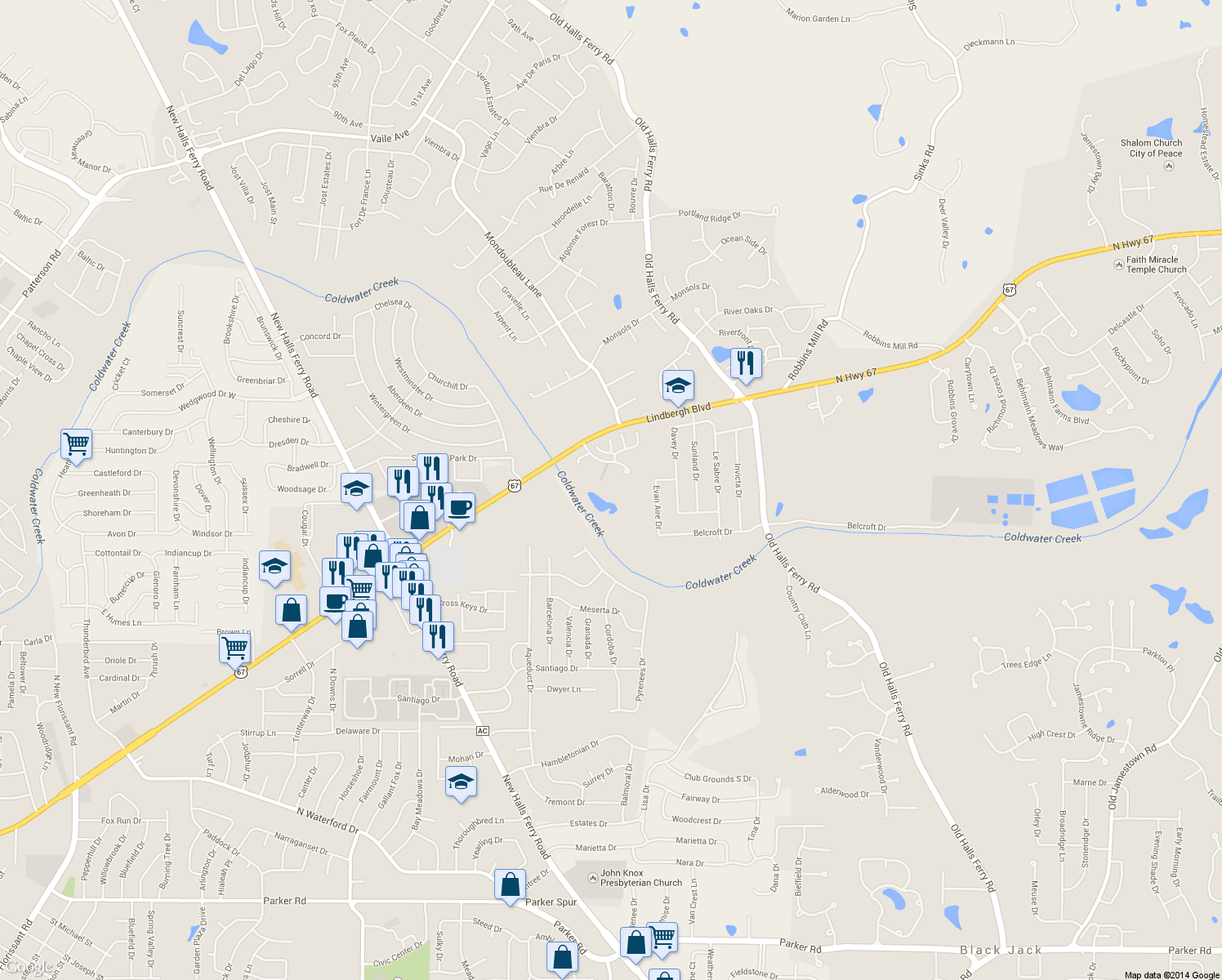 map of restaurants, bars, coffee shops, grocery stores, and more near 3612 Candlewyck Club Drive in Florissant