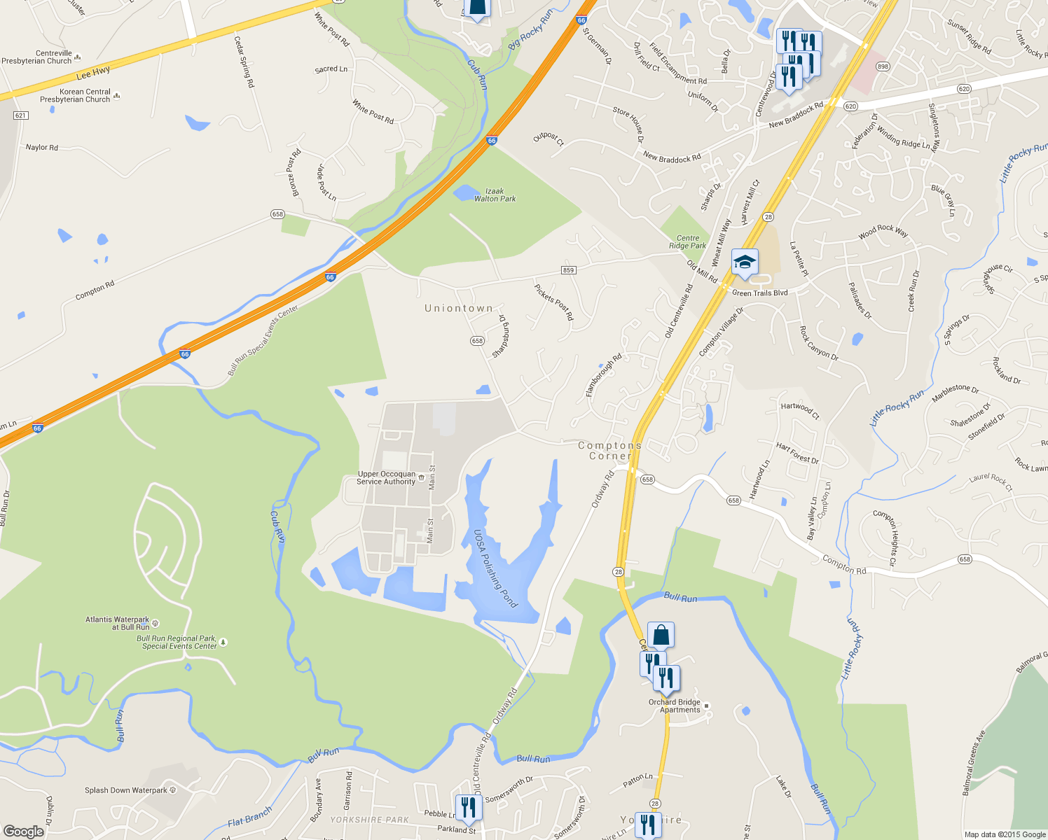 map of restaurants, bars, coffee shops, grocery stores, and more near 14704 Richard Simpson Lane in Centreville