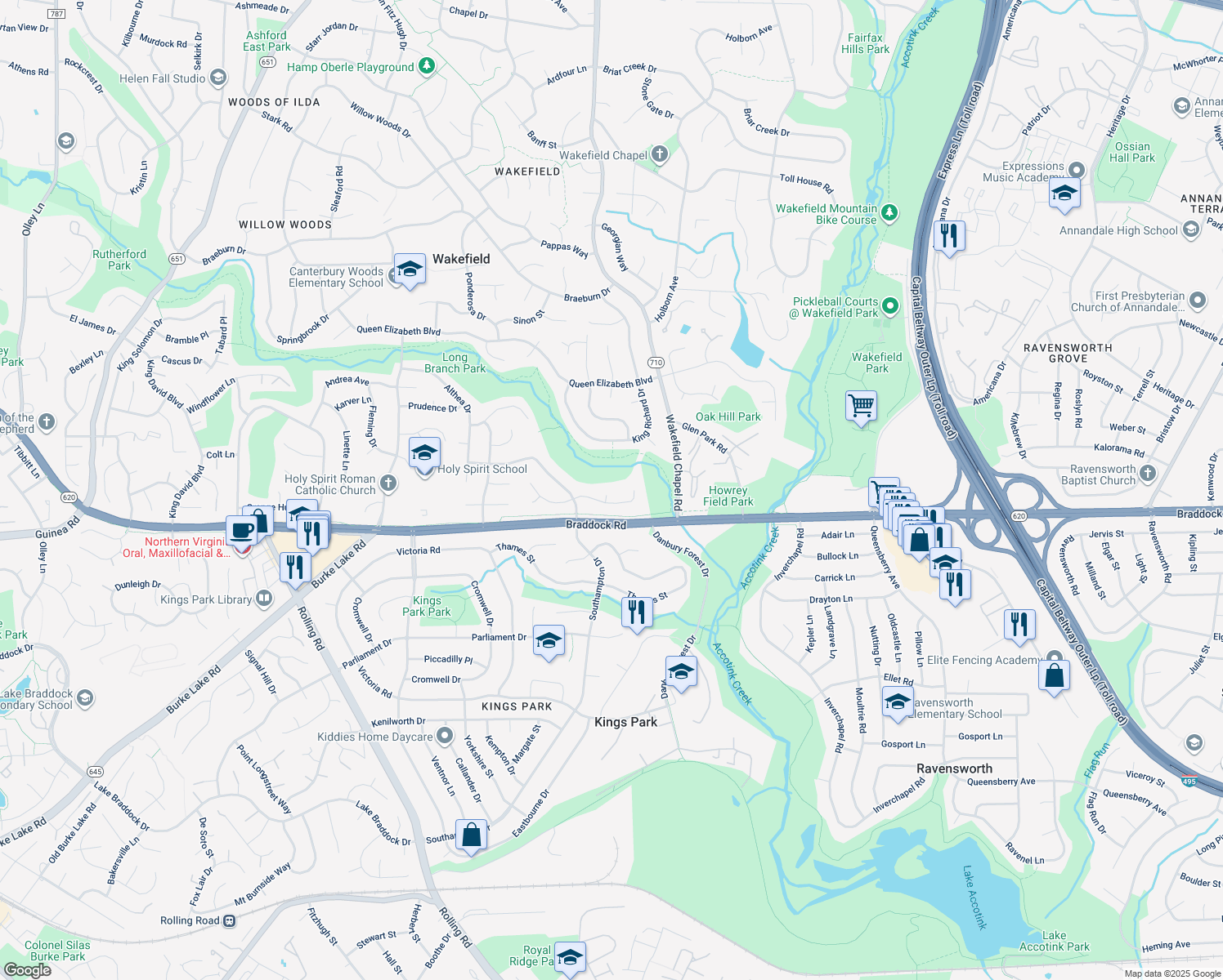 map of restaurants, bars, coffee shops, grocery stores, and more near 5115 Bede Place in Annandale