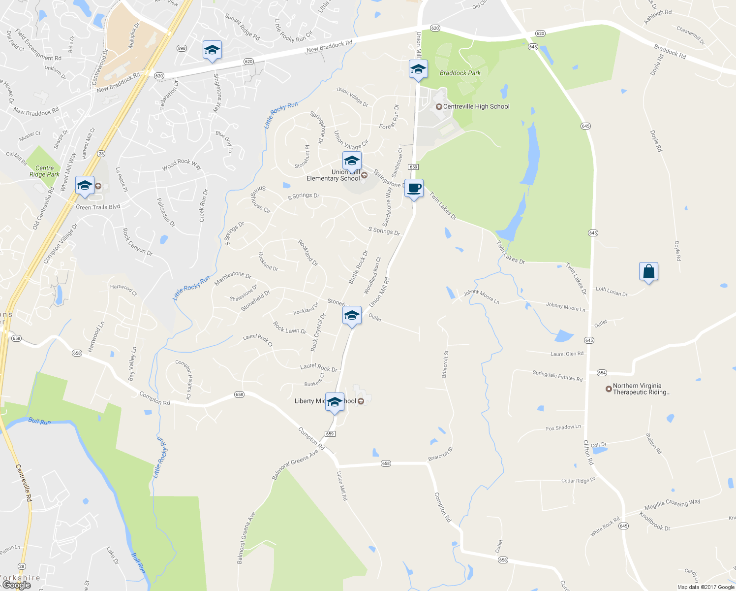 map of restaurants, bars, coffee shops, grocery stores, and more near 6417 Woodland Run Court in Clifton