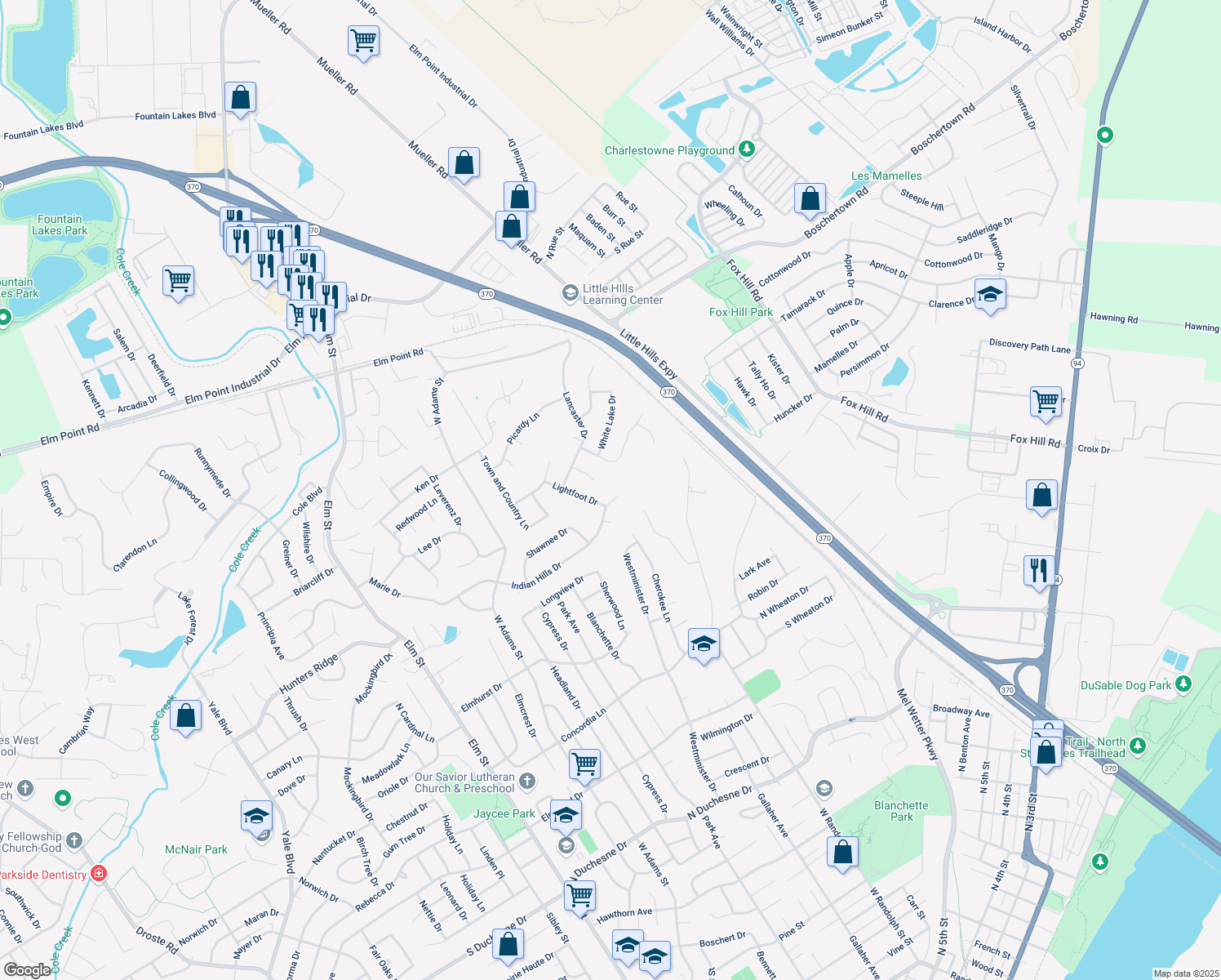 map of restaurants, bars, coffee shops, grocery stores, and more near 1009 Indian Hills Drive in Saint Charles