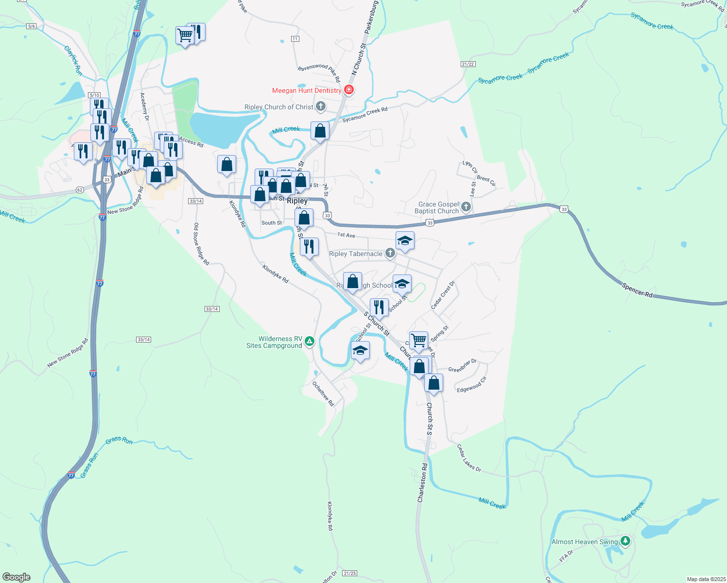 map of restaurants, bars, coffee shops, grocery stores, and more near 209 Walters St in Ripley