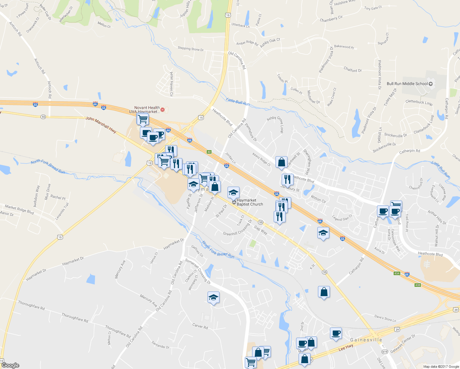 map of restaurants, bars, coffee shops, grocery stores, and more near 14825 Rising Sun Lane in Haymarket