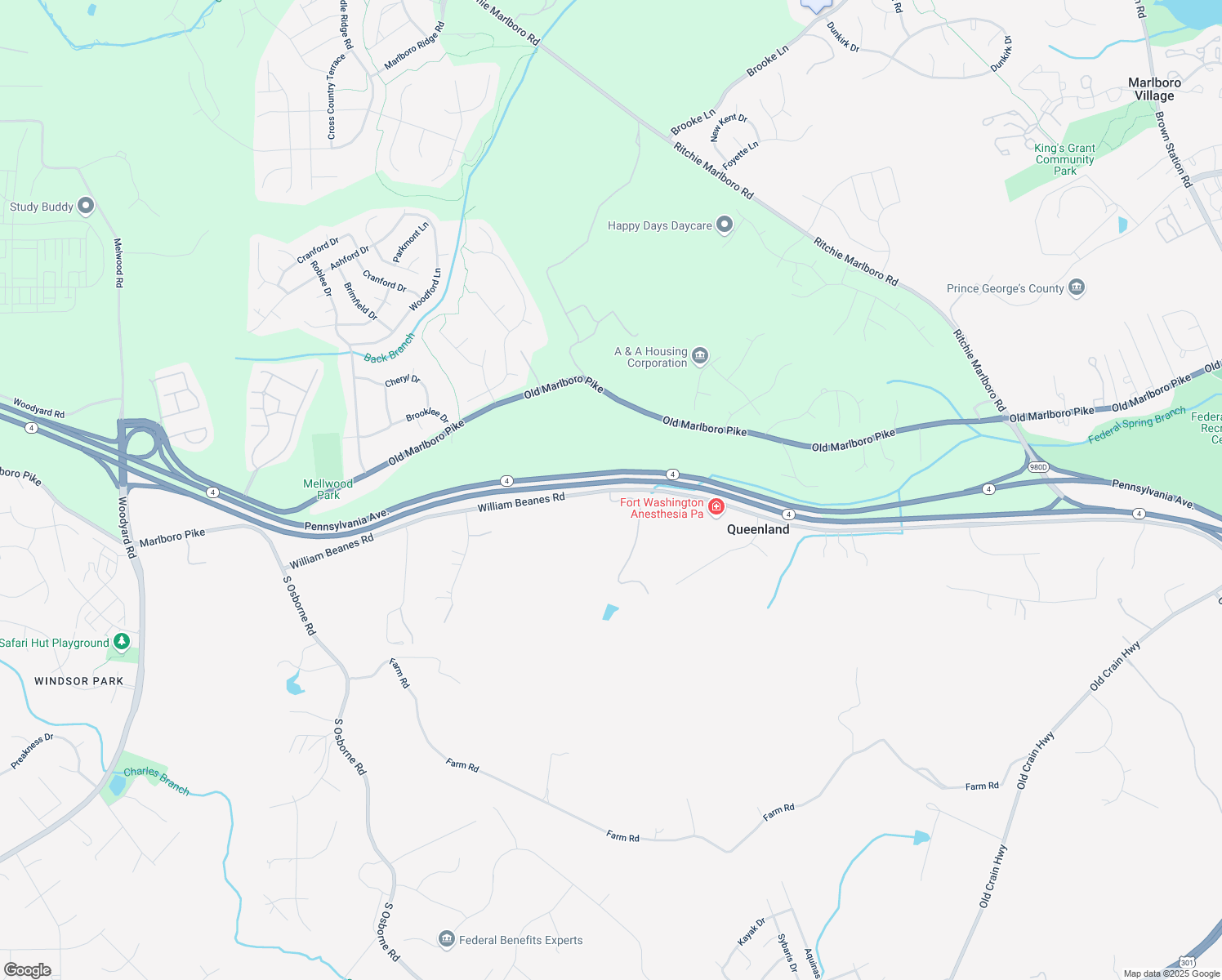 map of restaurants, bars, coffee shops, grocery stores, and more near 11400 William Beanes Road in Upper Marlboro