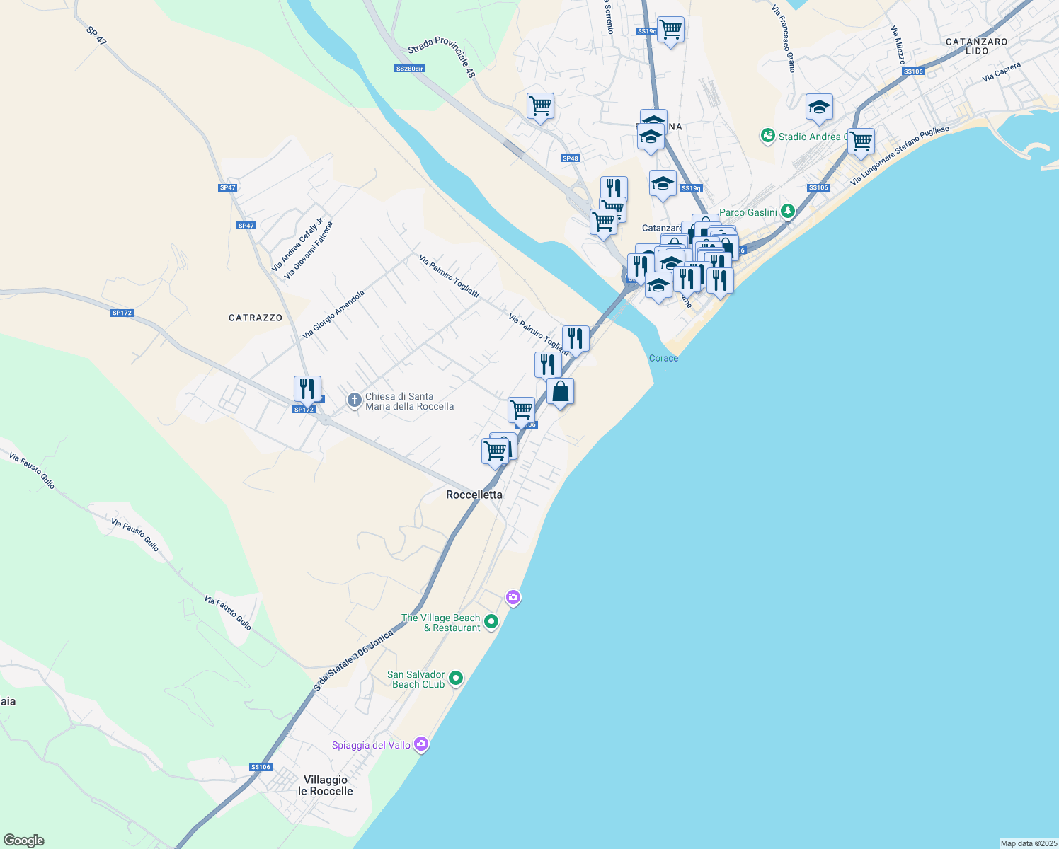 map of restaurants, bars, coffee shops, grocery stores, and more near 80 Via Risorgimento in Roccelletta