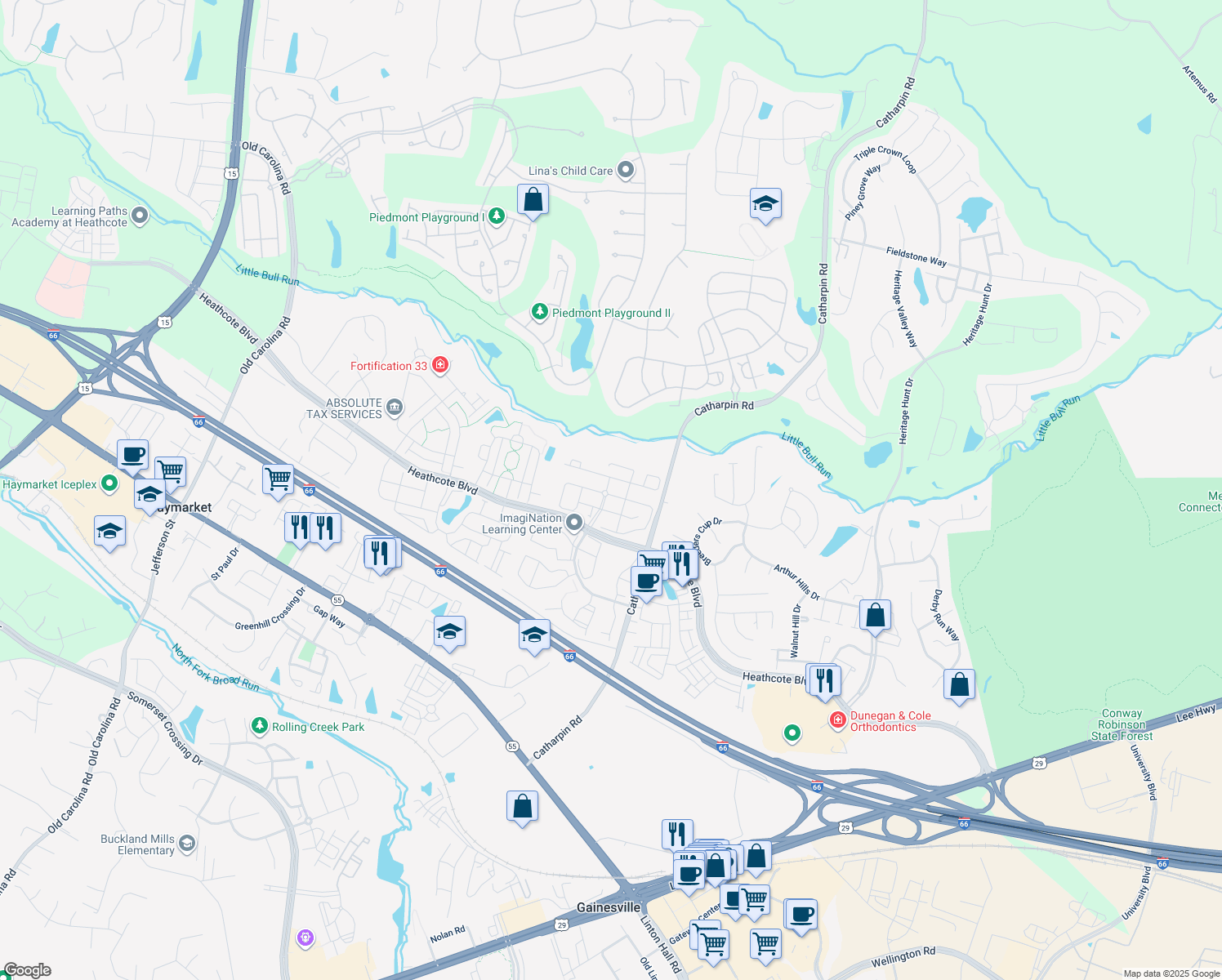 map of restaurants, bars, coffee shops, grocery stores, and more near 14296 Town Commons Way in Gainesville