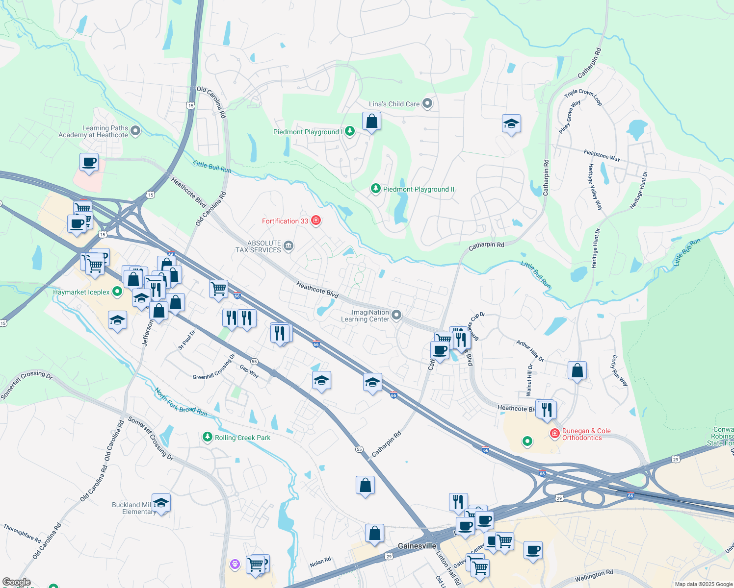 map of restaurants, bars, coffee shops, grocery stores, and more near 6751 Calthorpe Place in Gainesville