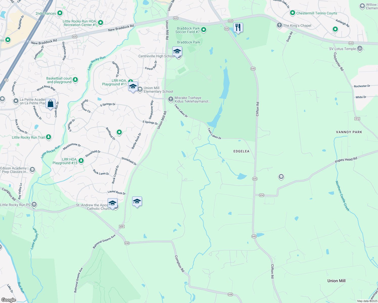 map of restaurants, bars, coffee shops, grocery stores, and more near 13300 Johnny Moore Lane in Clifton