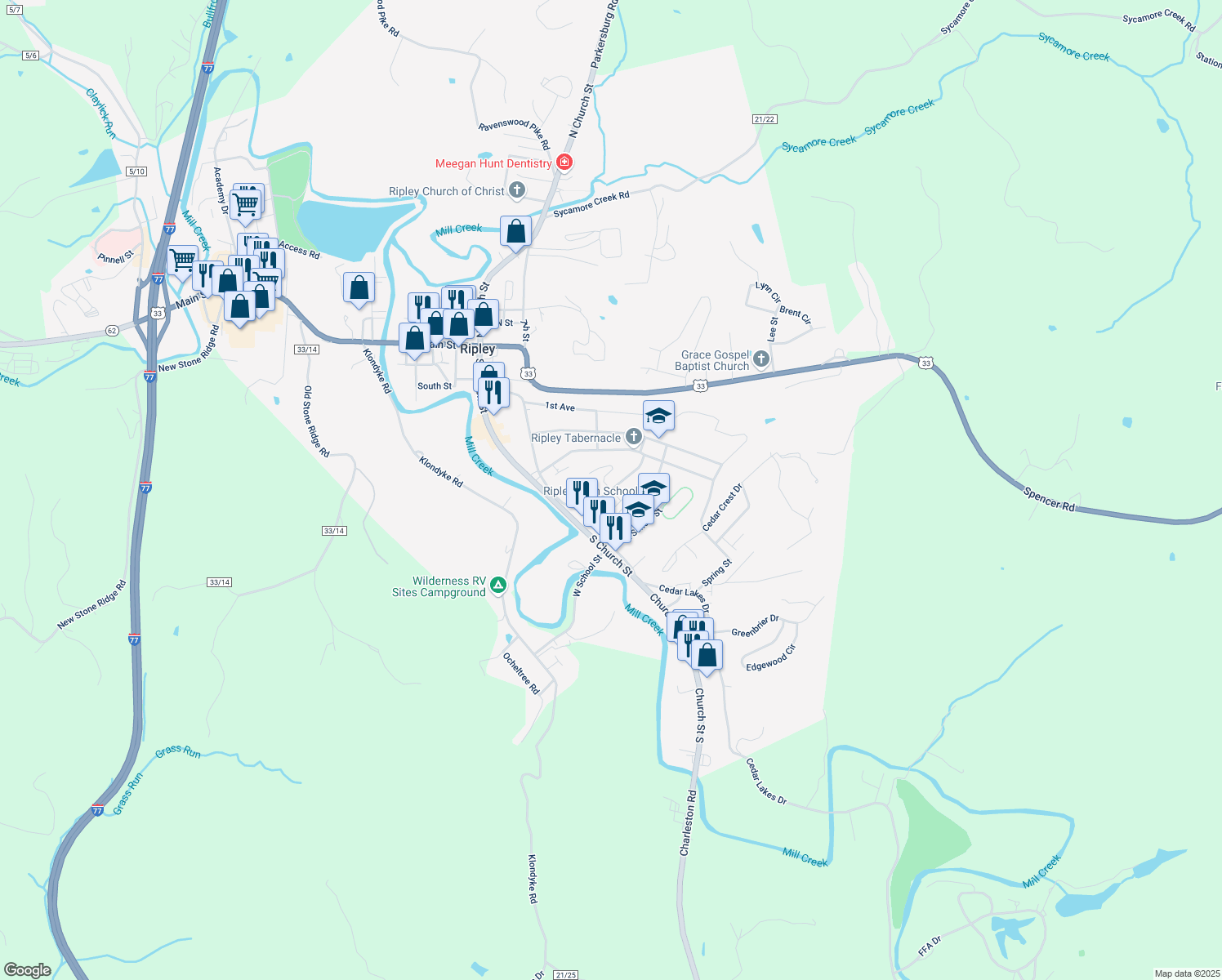 map of restaurants, bars, coffee shops, grocery stores, and more near 229 Walters St in Ripley