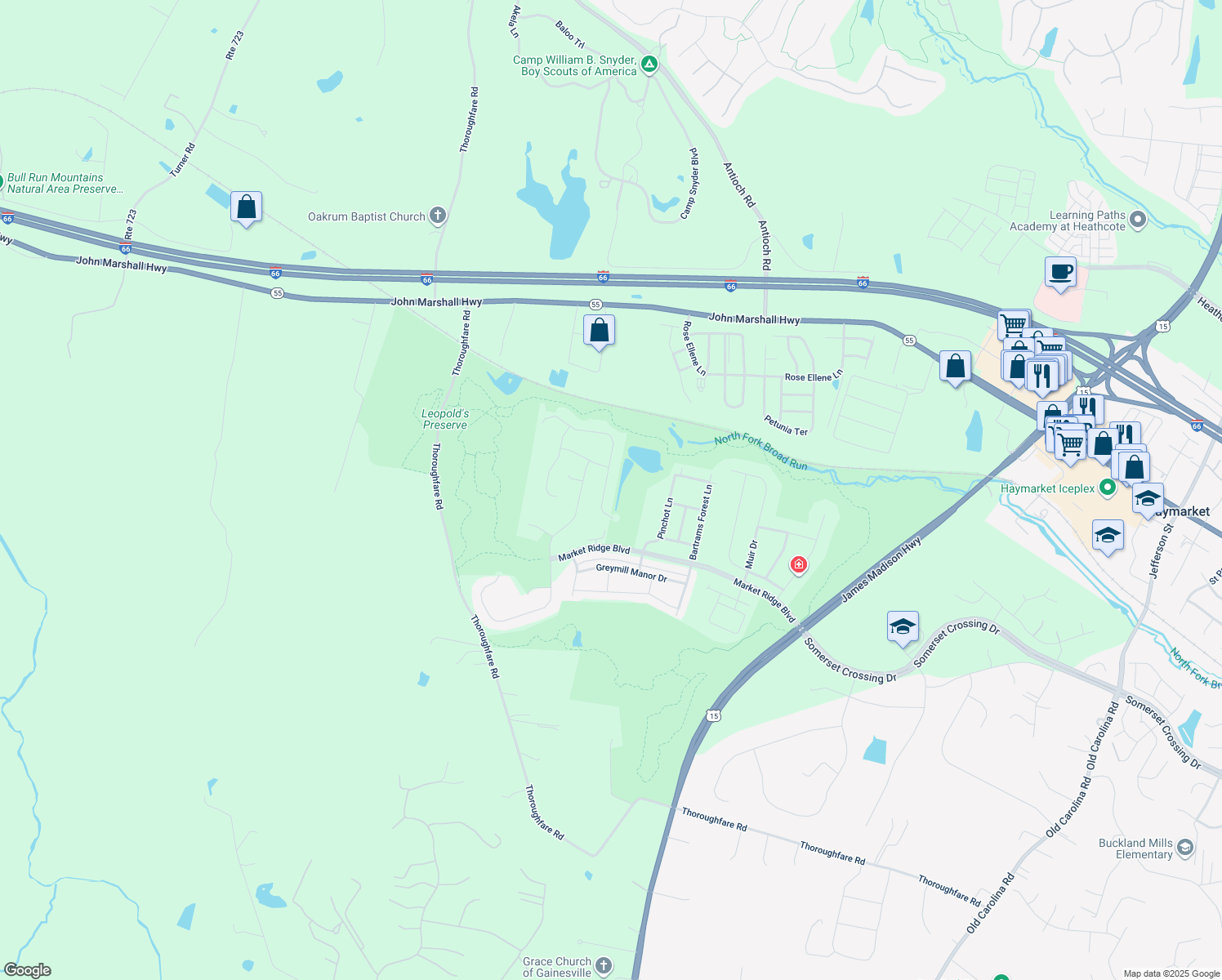 map of restaurants, bars, coffee shops, grocery stores, and more near 16082 Green Bay Street in Haymarket