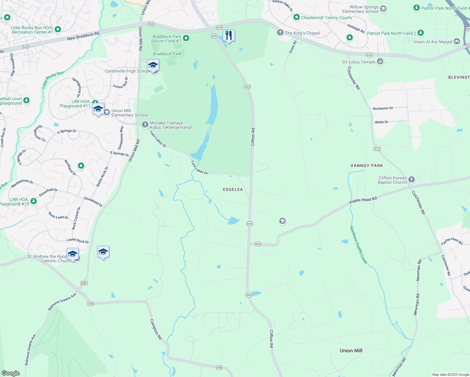 map of restaurants, bars, coffee shops, grocery stores, and more near 13101 Twin Lakes Drive in Clifton