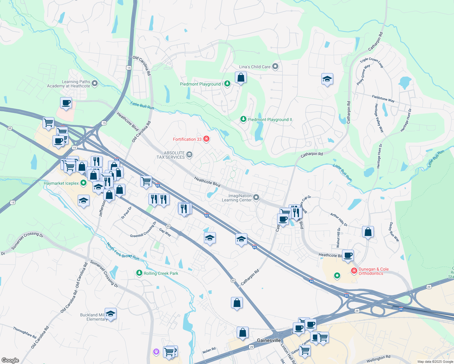 map of restaurants, bars, coffee shops, grocery stores, and more near 6751 Stapleton Place in Gainesville