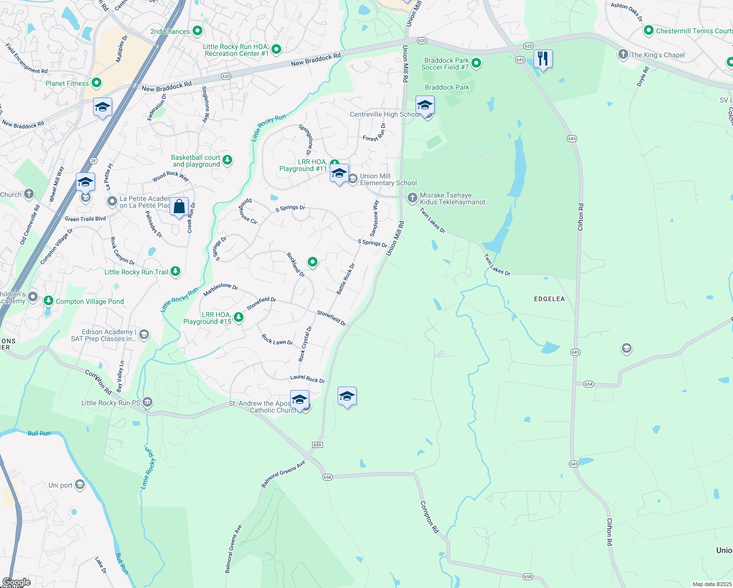 map of restaurants, bars, coffee shops, grocery stores, and more near 6411 Woodland Run Court in Clifton