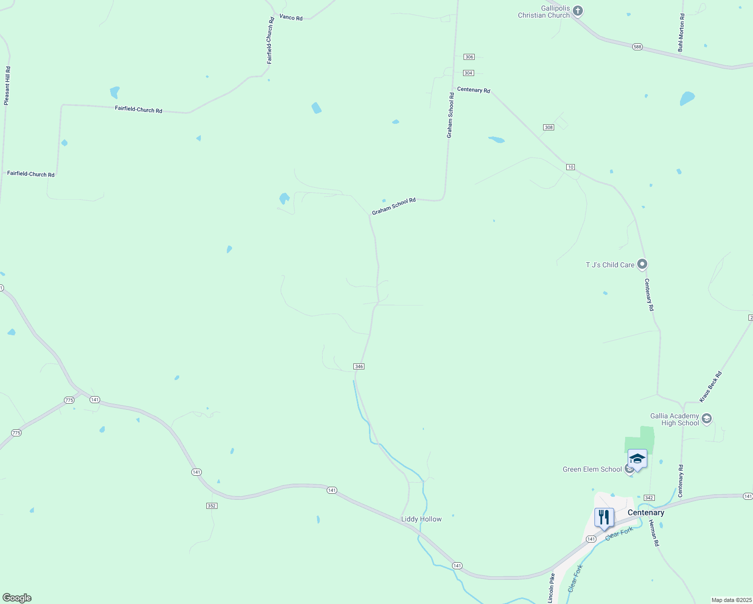 map of restaurants, bars, coffee shops, grocery stores, and more near 1280 Graham School Road in Gallipolis