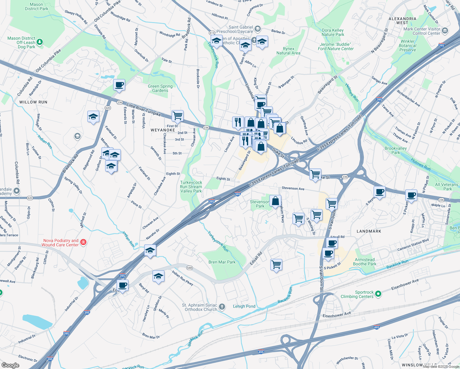 map of restaurants, bars, coffee shops, grocery stores, and more near 5126 Beauregard Street in Alexandria
