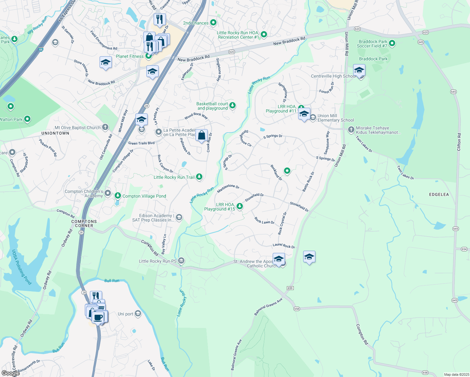 map of restaurants, bars, coffee shops, grocery stores, and more near 13919 Marblestone Drive in Clifton
