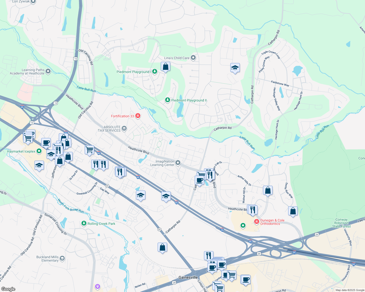map of restaurants, bars, coffee shops, grocery stores, and more near 14226 Hunters Run Way in Gainesville