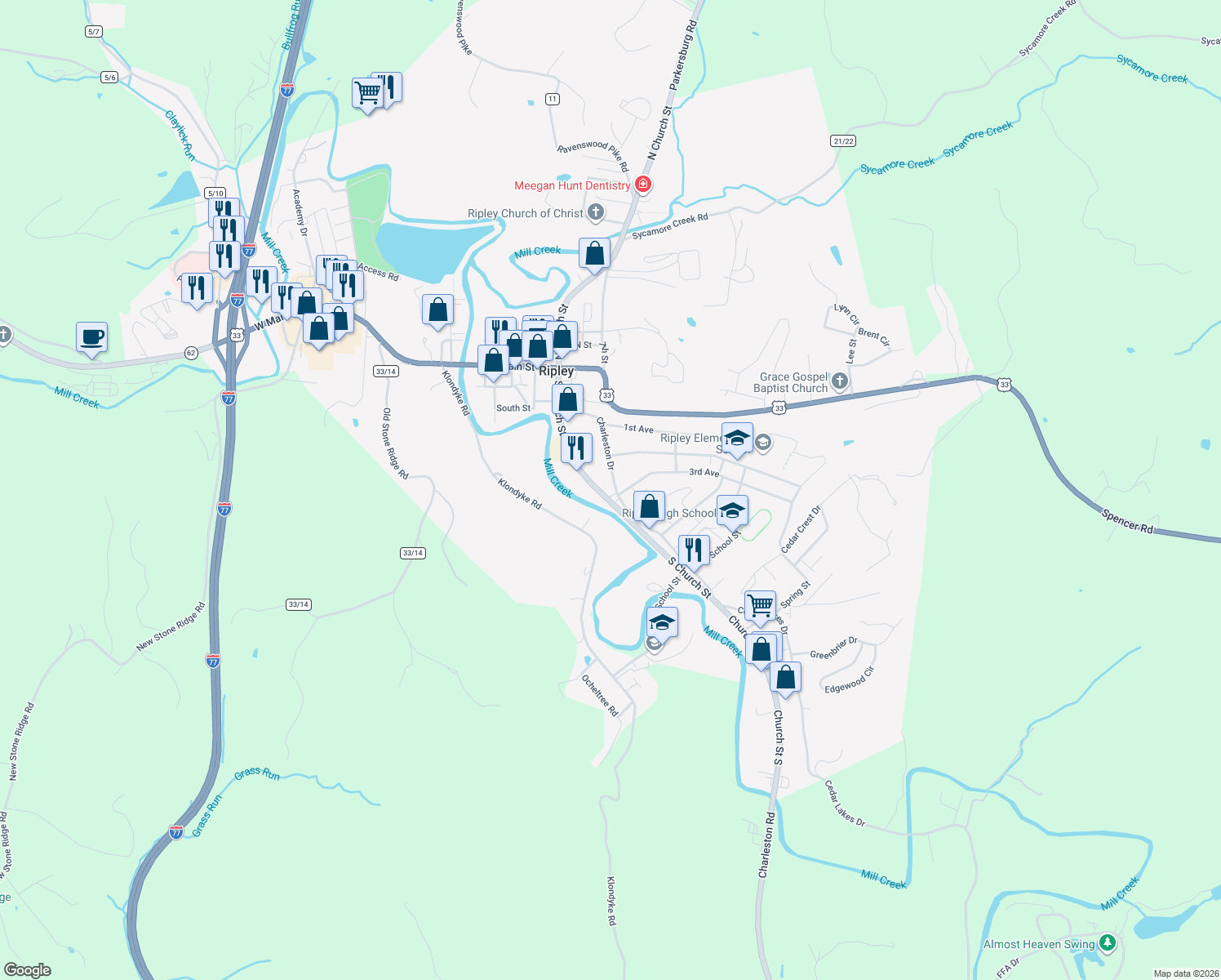 map of restaurants, bars, coffee shops, grocery stores, and more near 316 Charleston Dr in Ripley