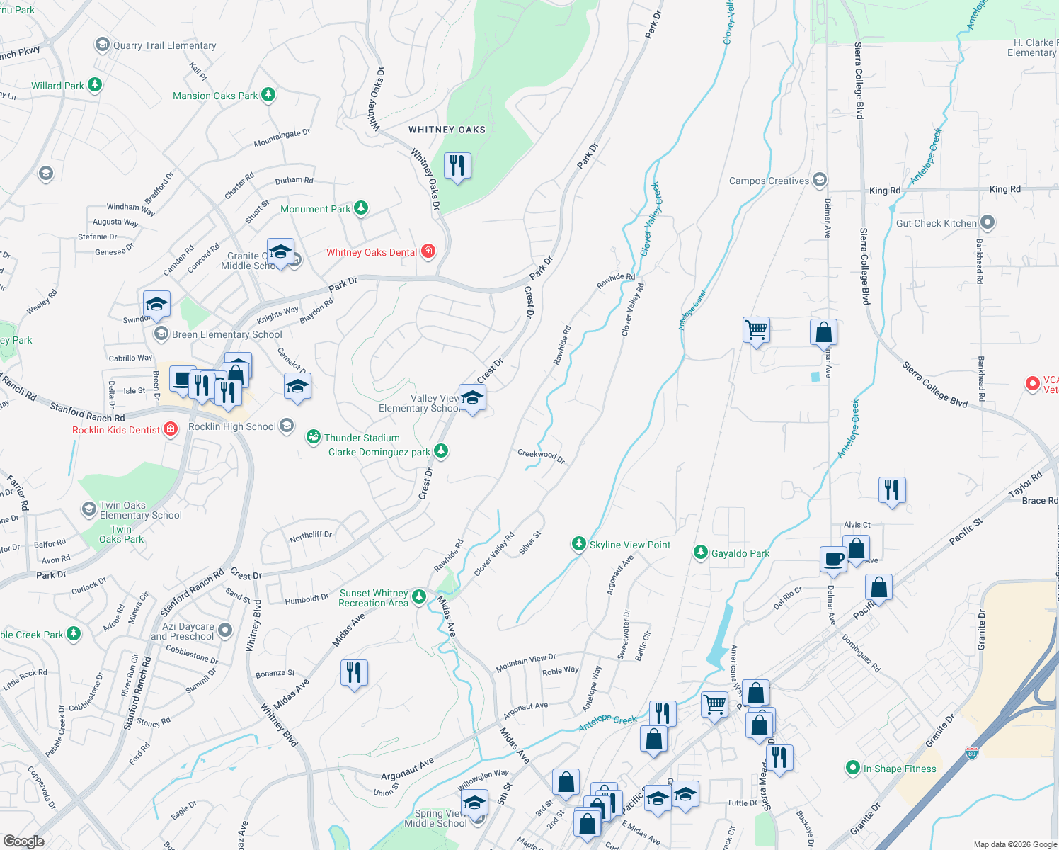 map of restaurants, bars, coffee shops, grocery stores, and more near 3967 Rawhide Road in Rocklin