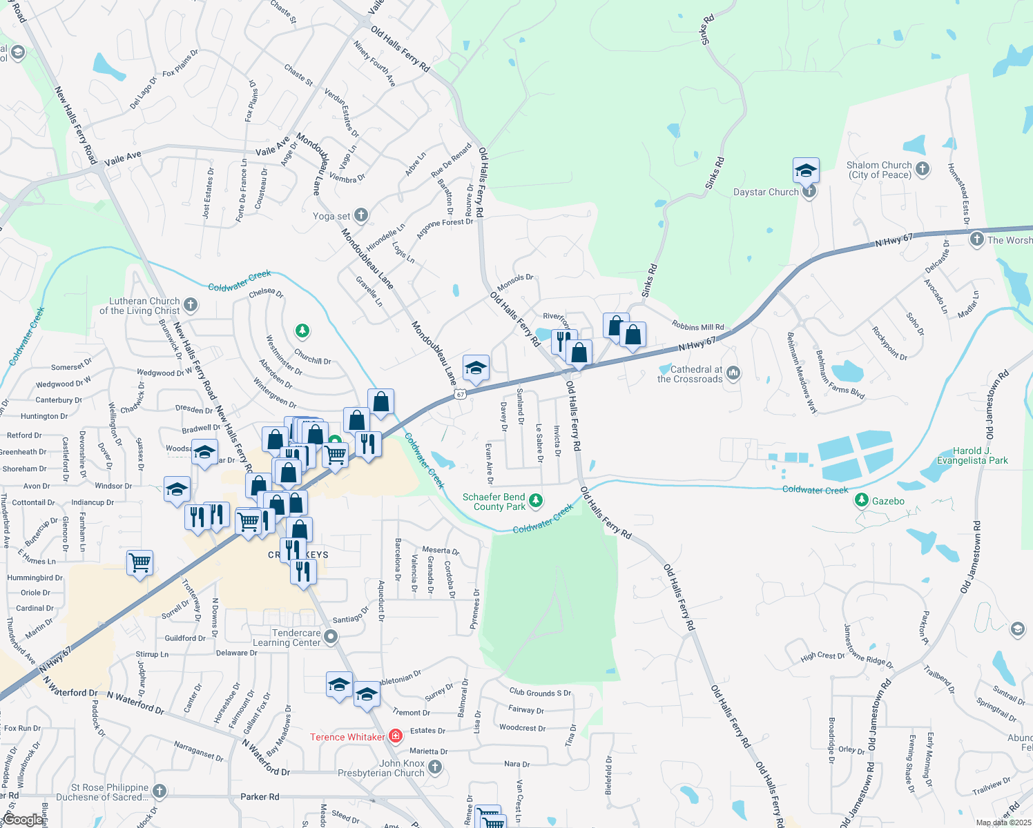 map of restaurants, bars, coffee shops, grocery stores, and more near 14075 Sunland Drive in Florissant