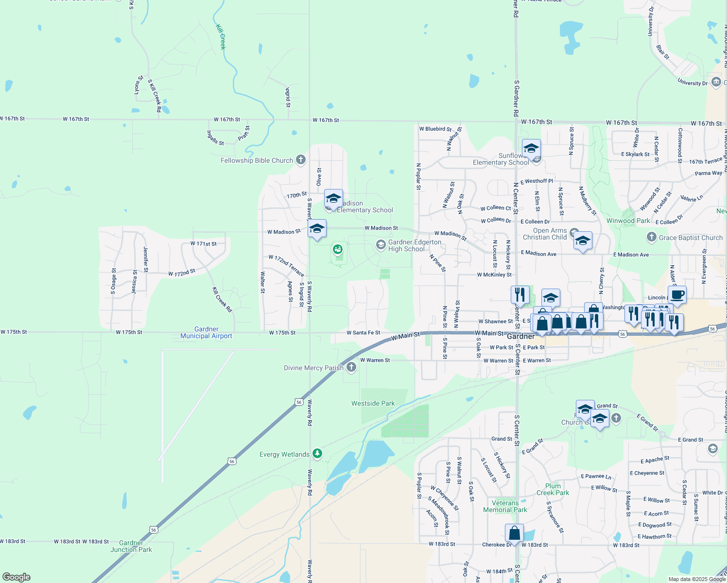 map of restaurants, bars, coffee shops, grocery stores, and more near 324 North Pear Street in Gardner