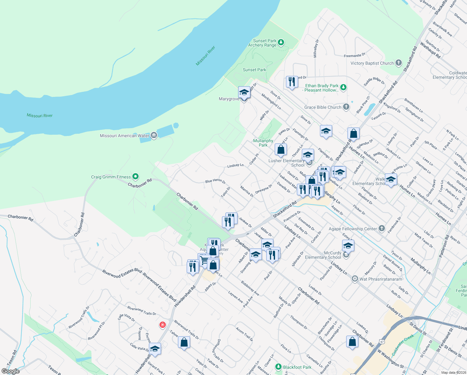 map of restaurants, bars, coffee shops, grocery stores, and more near 2353 Blue Heron Drive in Florissant