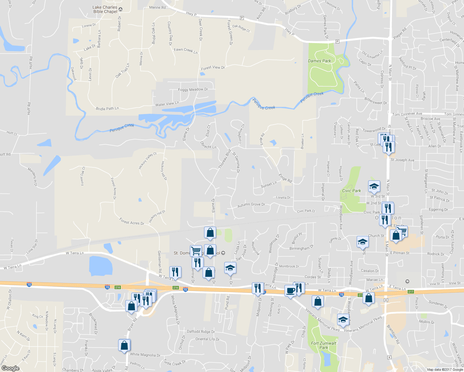 map of restaurants, bars, coffee shops, grocery stores, and more near 3 Saint Elizabeth Court in O'Fallon