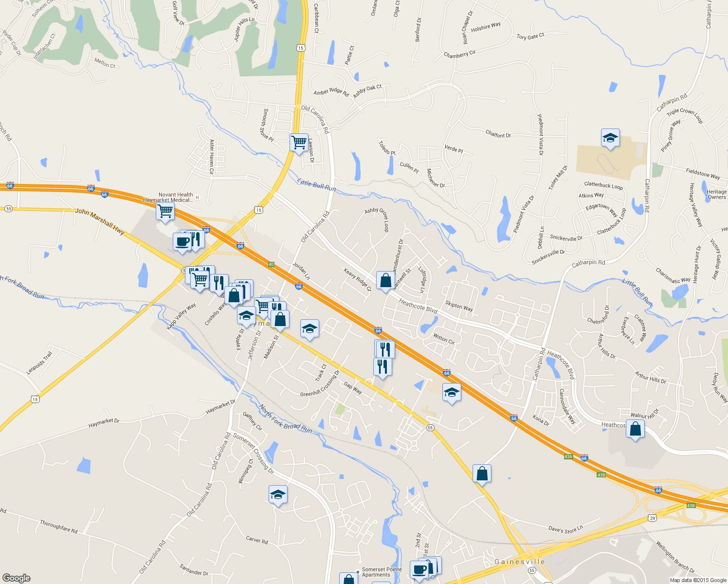 map of restaurants, bars, coffee shops, grocery stores, and more near 6635 Stourcliffe Ln in Haymarket