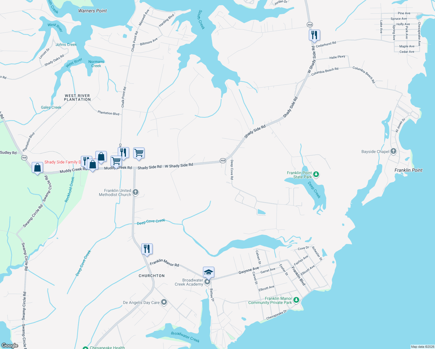 map of restaurants, bars, coffee shops, grocery stores, and more near 5771 Shady Side Road in Shady Side