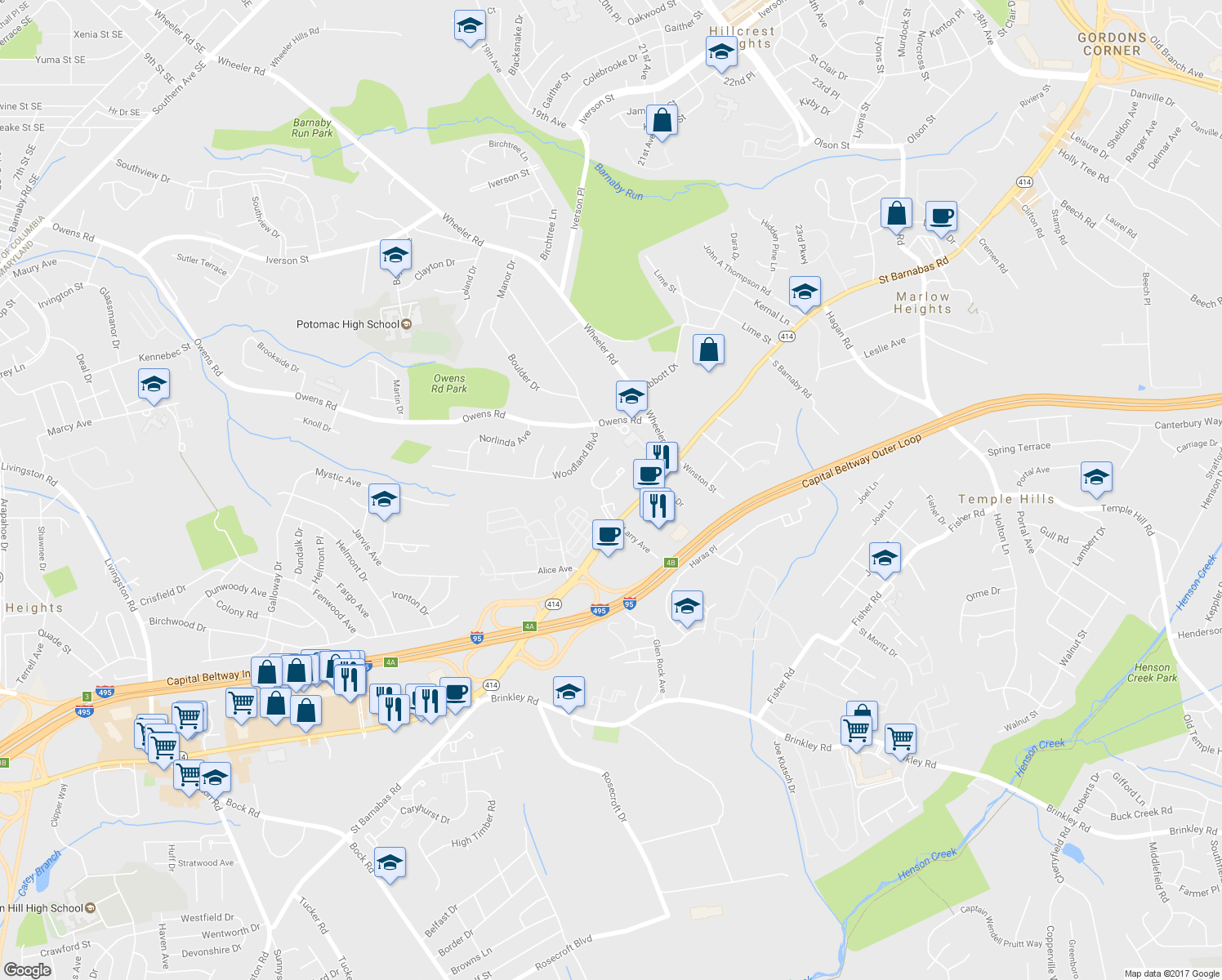 map of restaurants, bars, coffee shops, grocery stores, and more near 2407 East Rosecroft Village Circle in Oxon Hill