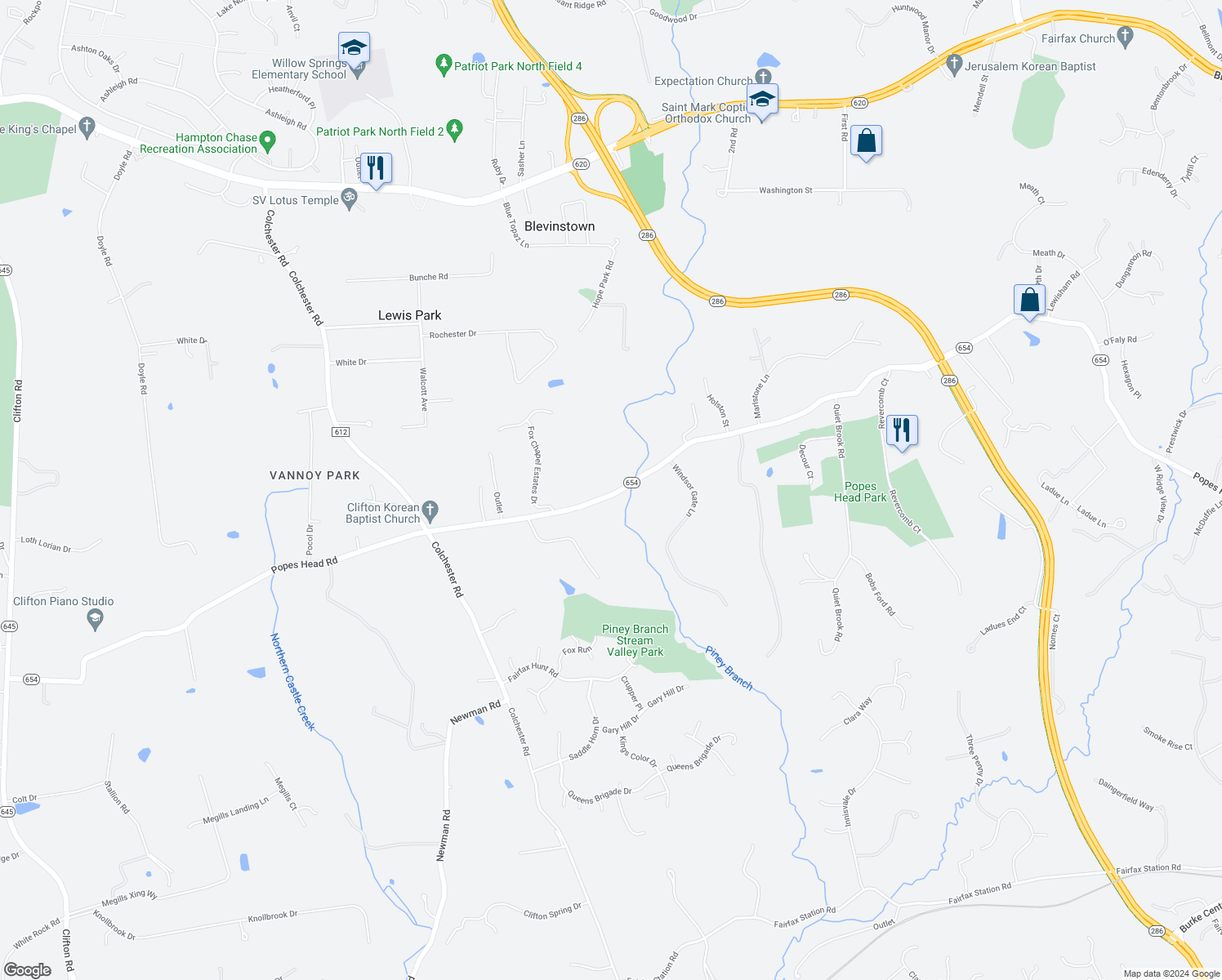 map of restaurants, bars, coffee shops, grocery stores, and more near 12124 Popes Head Road in Fairfax