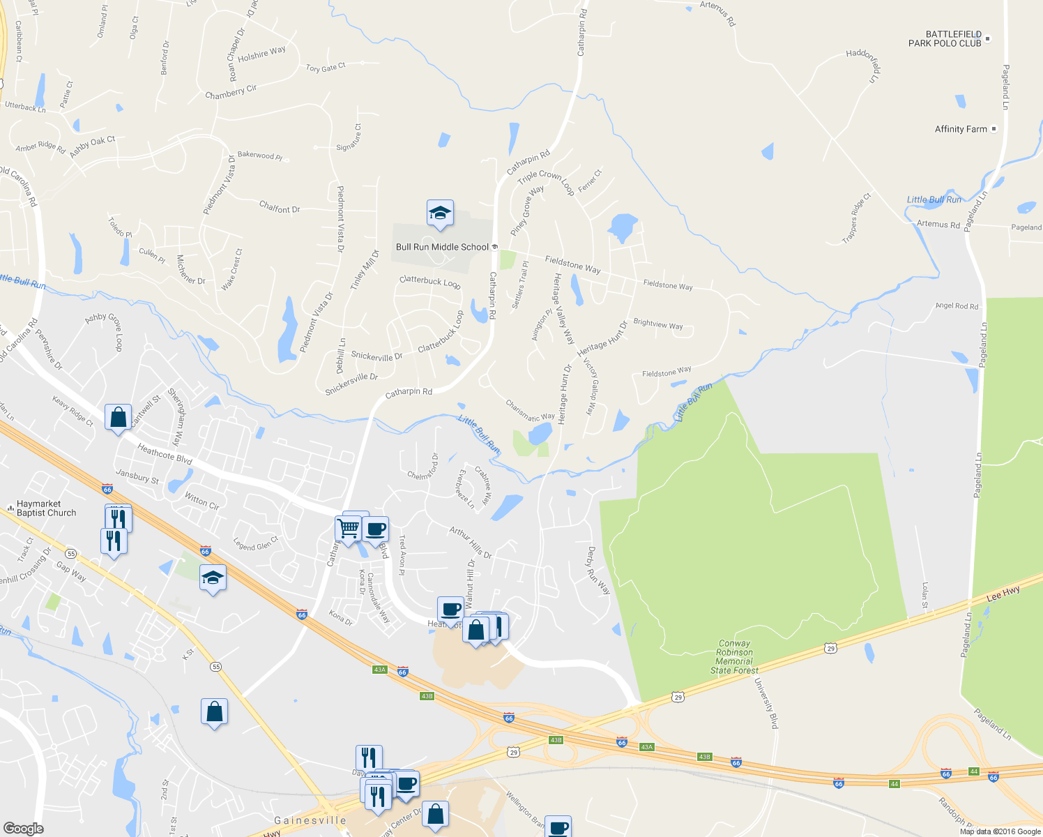 map of restaurants, bars, coffee shops, grocery stores, and more near 13731 Charismatic Way in Gainesville