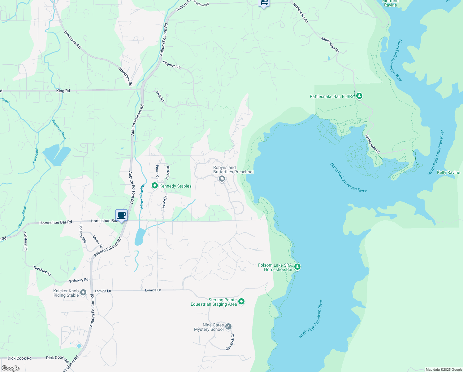 map of restaurants, bars, coffee shops, grocery stores, and more near 9800 Hudson Court in Loomis