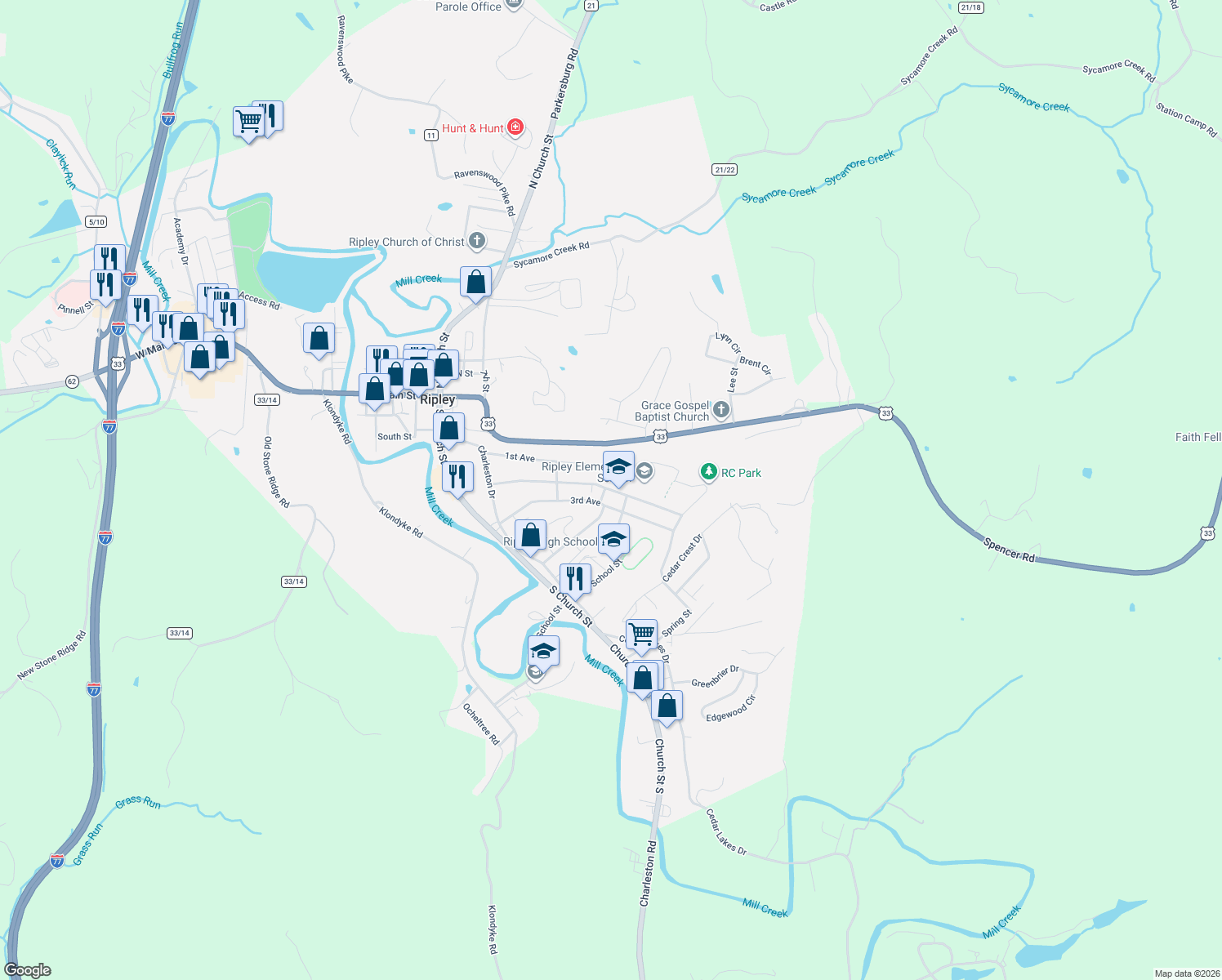 map of restaurants, bars, coffee shops, grocery stores, and more near 404 2nd Ave in Ripley