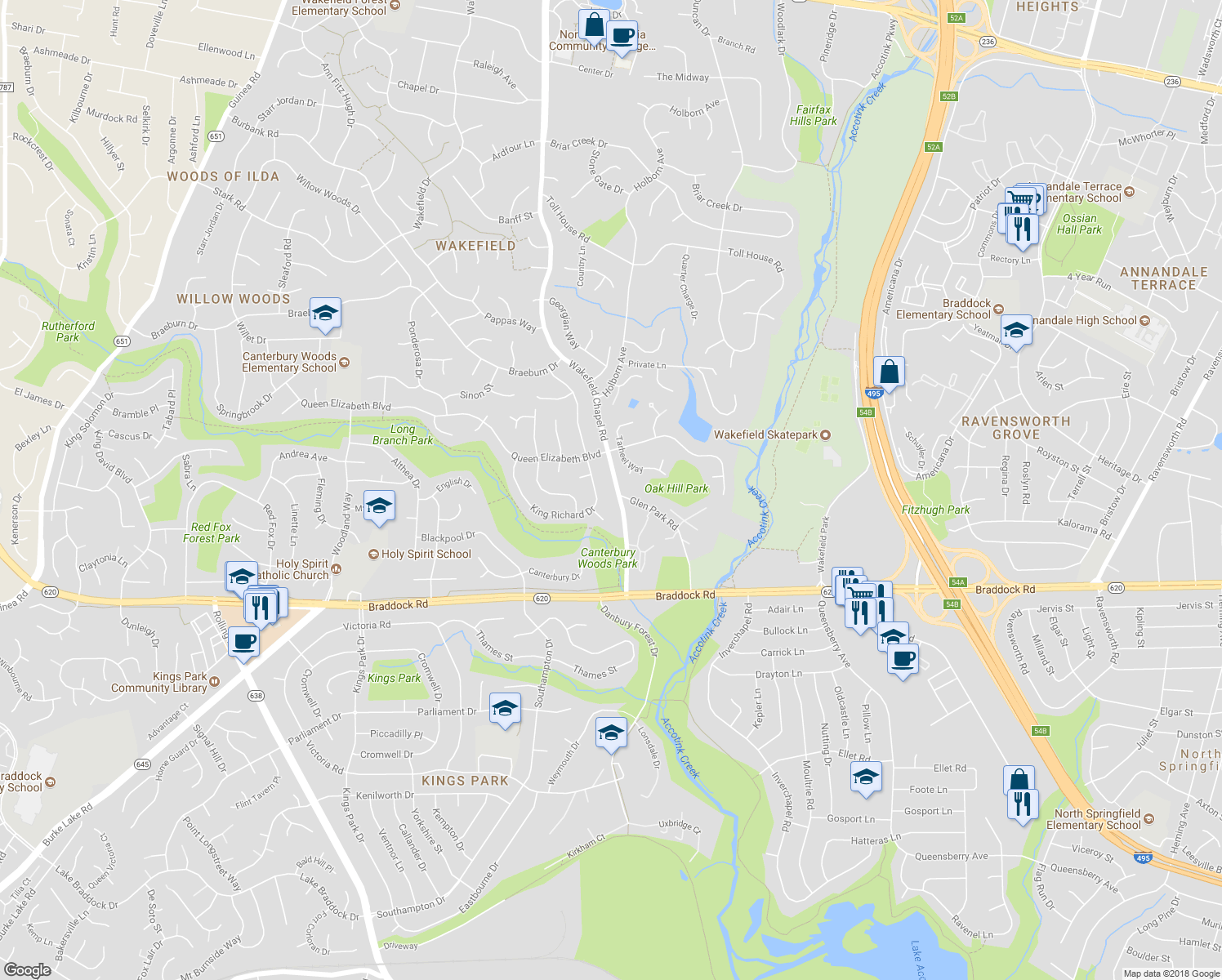 map of restaurants, bars, coffee shops, grocery stores, and more near 4920 Wakefield Chapel Road in Annandale