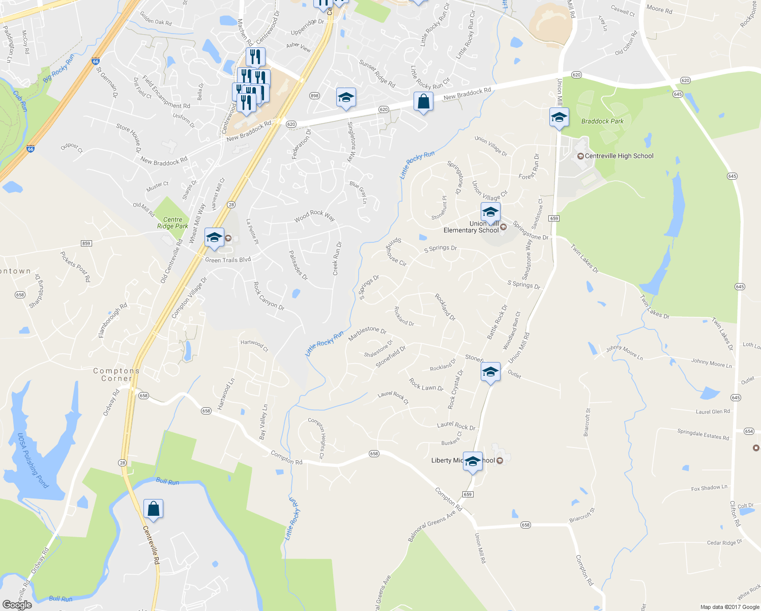 map of restaurants, bars, coffee shops, grocery stores, and more near 13911 South Springs Drive in Clifton