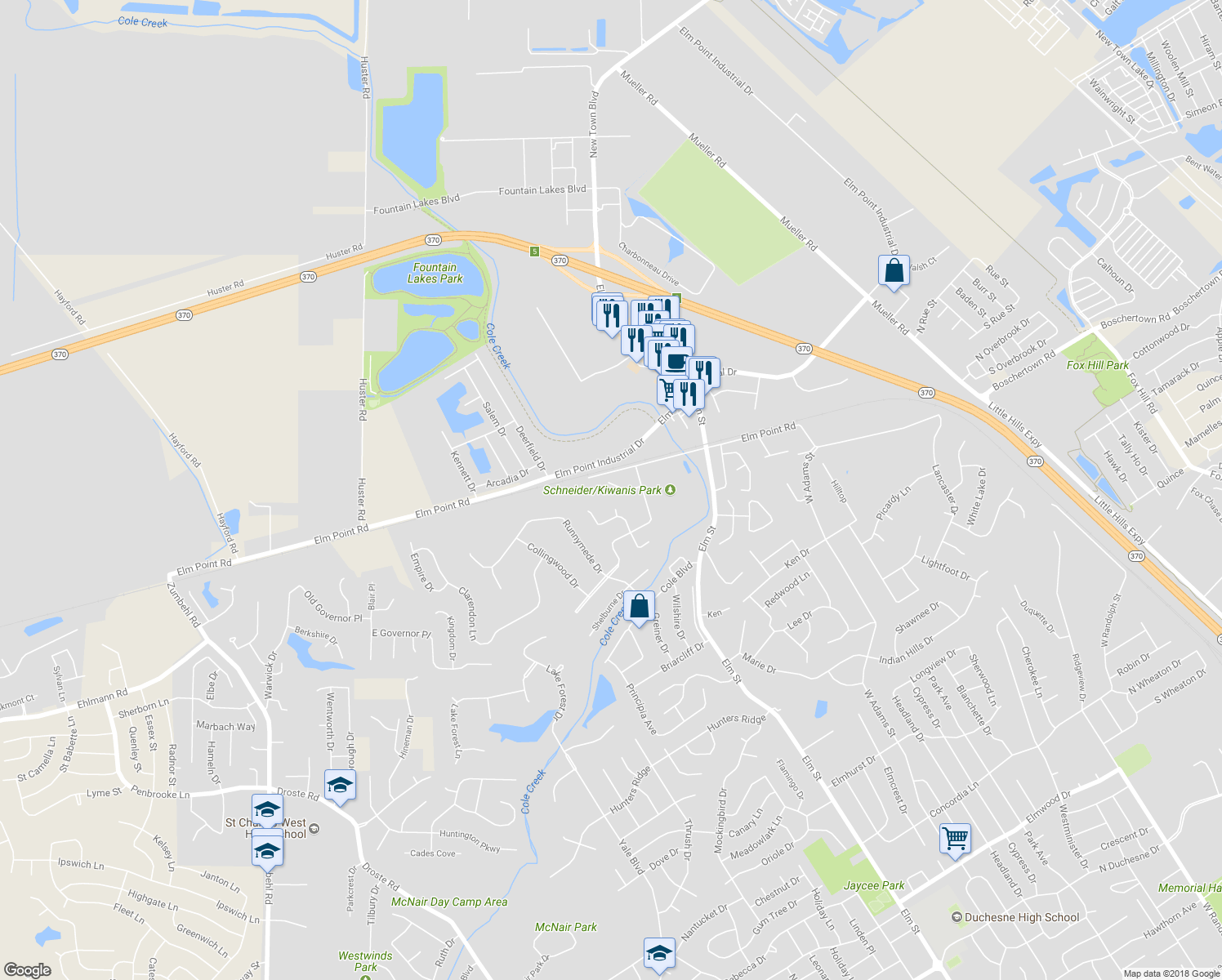 map of restaurants, bars, coffee shops, grocery stores, and more near 16 Ashbourne Way in Saint Charles