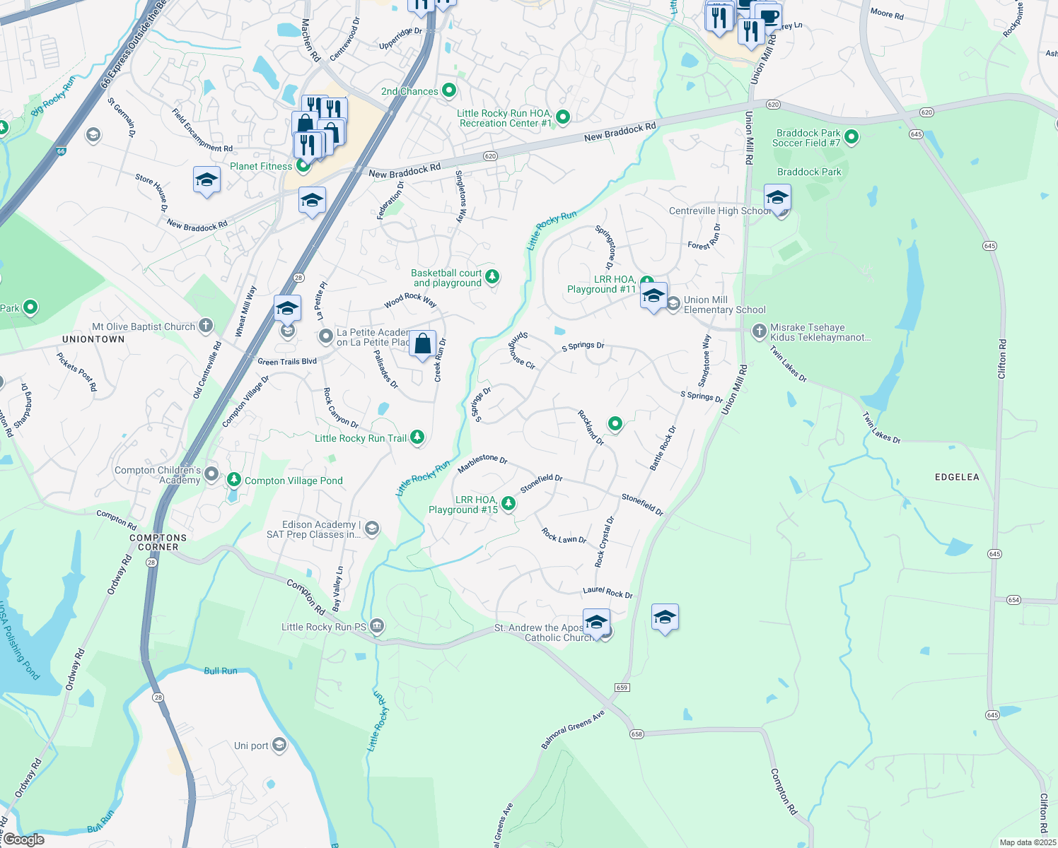 map of restaurants, bars, coffee shops, grocery stores, and more near 6532 Rockland Drive in Clifton