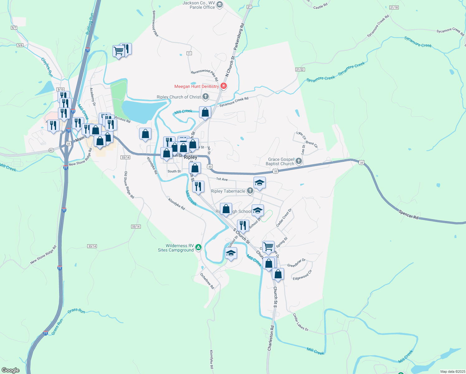 map of restaurants, bars, coffee shops, grocery stores, and more near 242 2nd Ave in Ripley