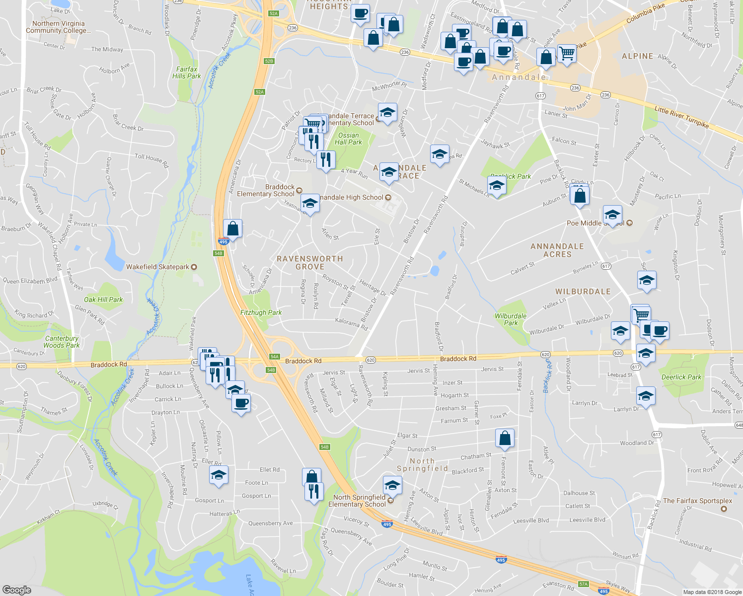 map of restaurants, bars, coffee shops, grocery stores, and more near 5002 Bristow Drive in Annandale