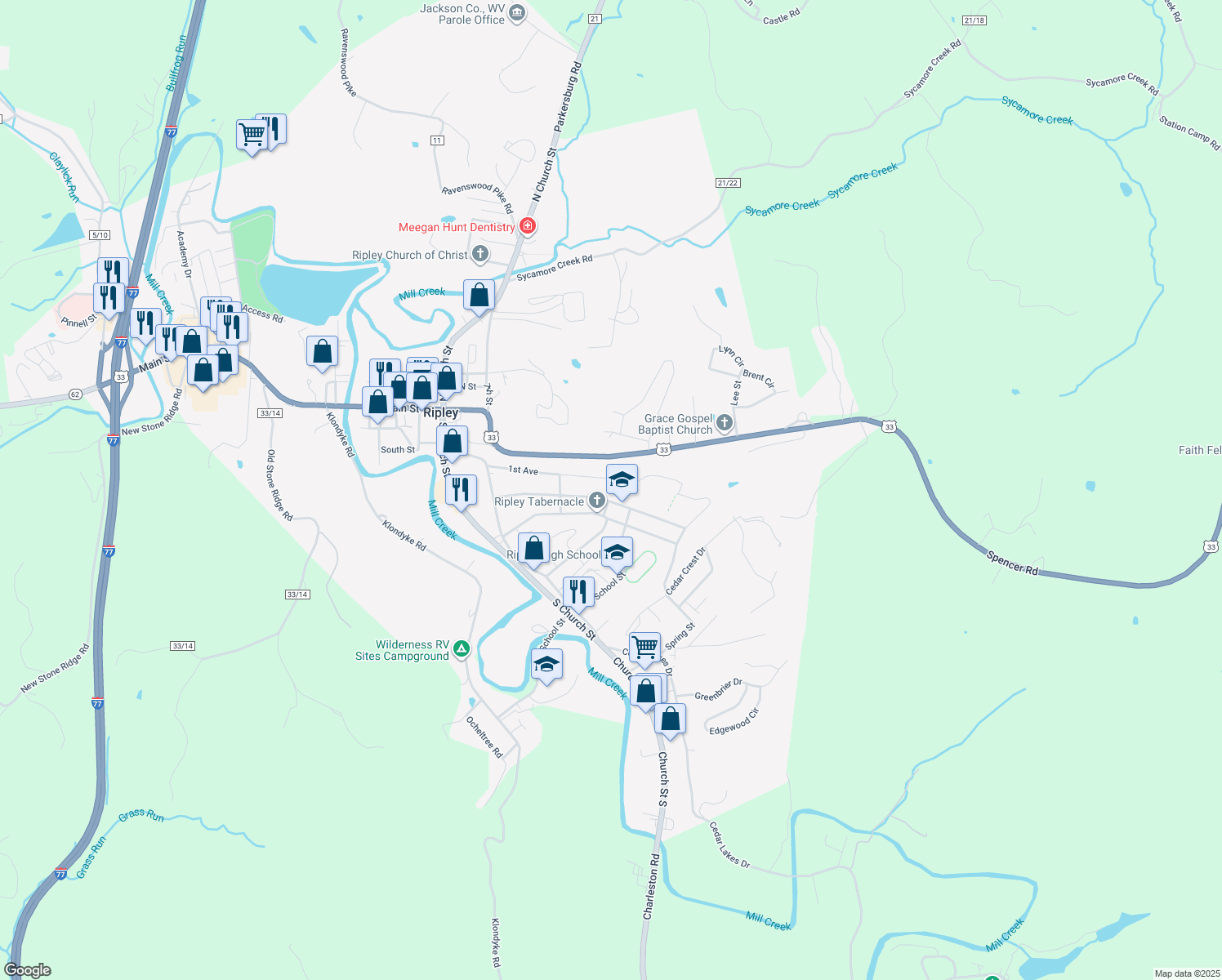 map of restaurants, bars, coffee shops, grocery stores, and more near 334 2nd Ave in Ripley