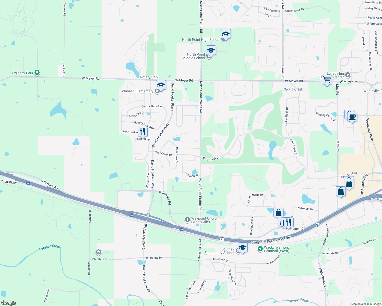 map of restaurants, bars, coffee shops, grocery stores, and more near 2485 Bear Creek Drive in Wentzville