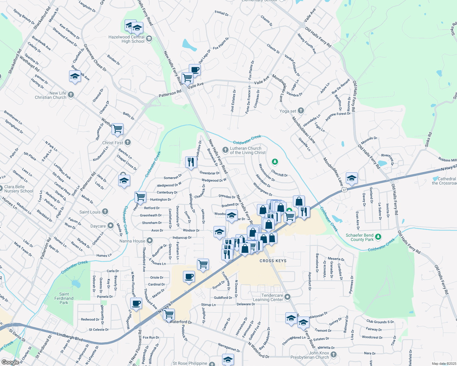 map of restaurants, bars, coffee shops, grocery stores, and more near 14615 New Halls Ferry Road in Florissant