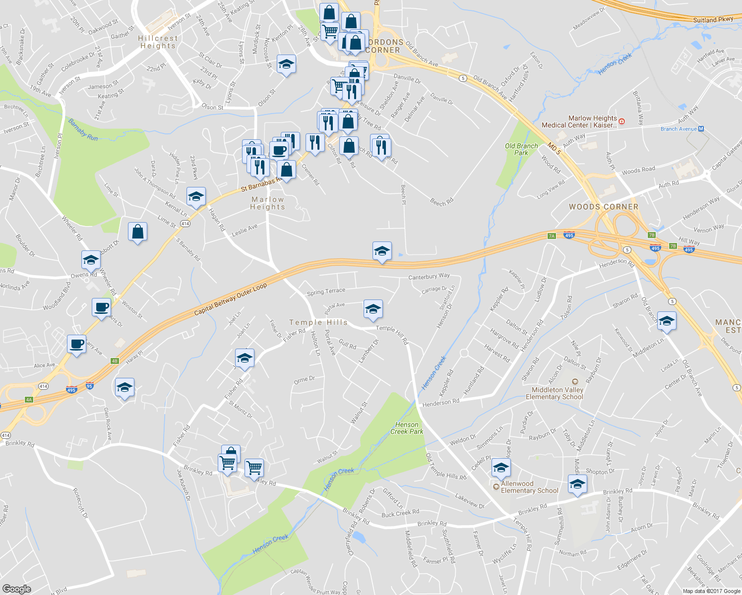 map of restaurants, bars, coffee shops, grocery stores, and more near 3401 Portal Avenue in Temple Hills