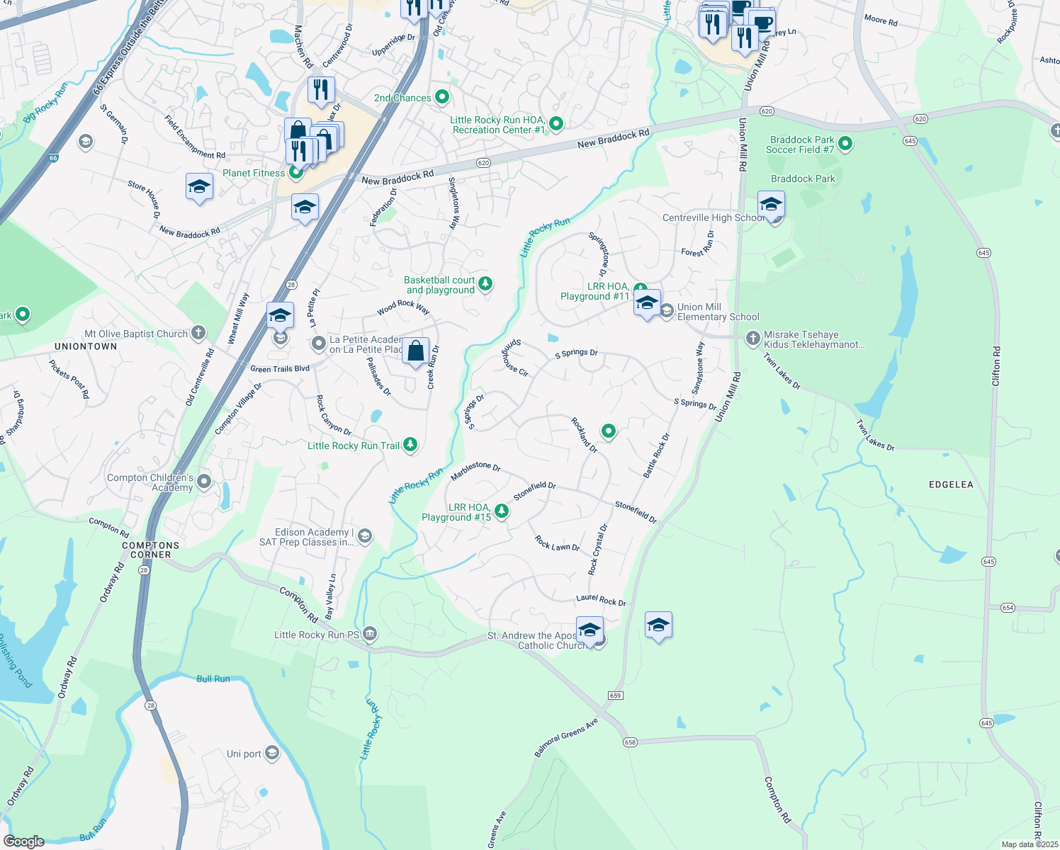map of restaurants, bars, coffee shops, grocery stores, and more near 6536 Rockland Drive in Clifton