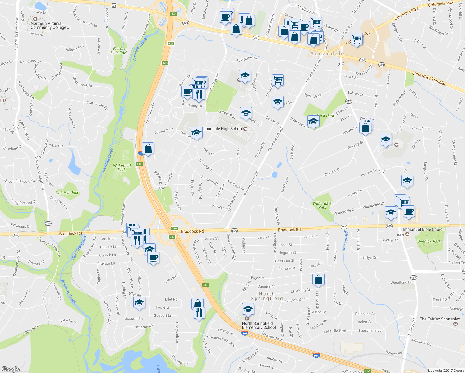 map of restaurants, bars, coffee shops, grocery stores, and more near 7609 Heritage Drive in Annandale