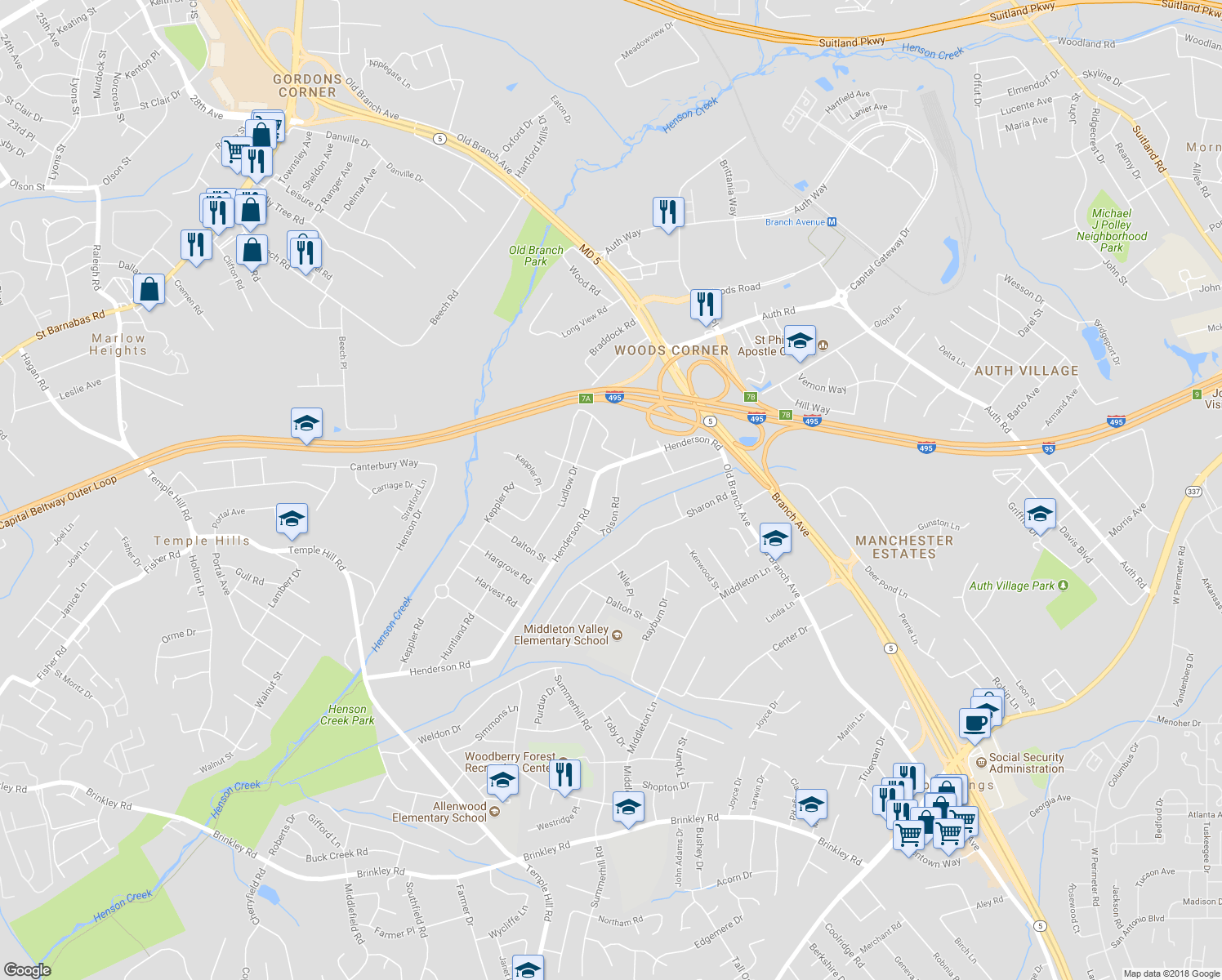 map of restaurants, bars, coffee shops, grocery stores, and more near 5309 Tolson Road in Temple Hills