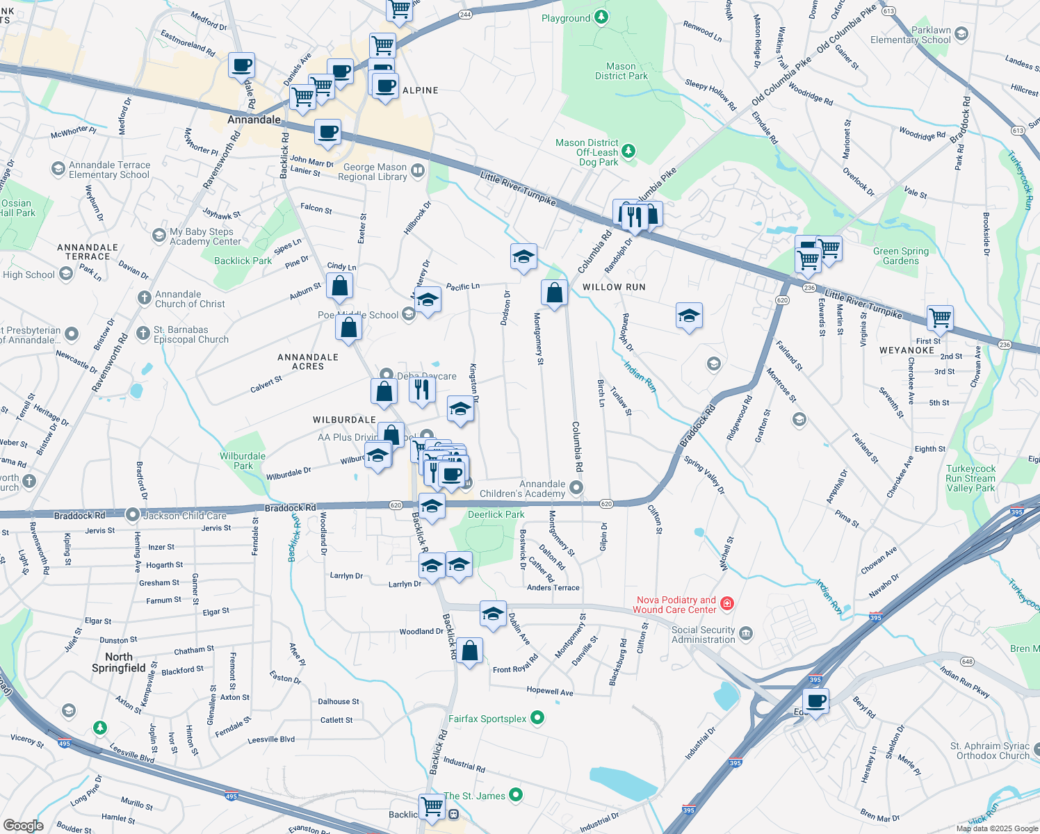 map of restaurants, bars, coffee shops, grocery stores, and more near 6803 Algonquin Court in Annandale