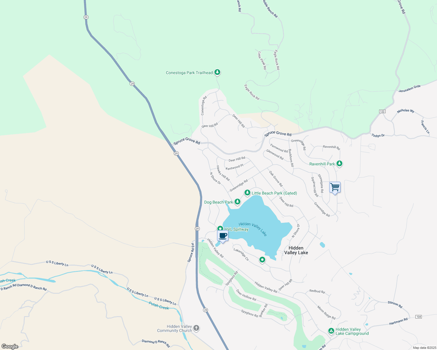 map of restaurants, bars, coffee shops, grocery stores, and more near 16789 Hawks Hill Road in Hidden Valley Lake